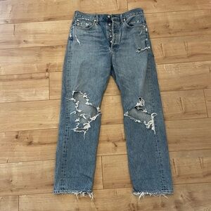 AGOLDE high waisted distressed denim, relaxed fit, straight leg